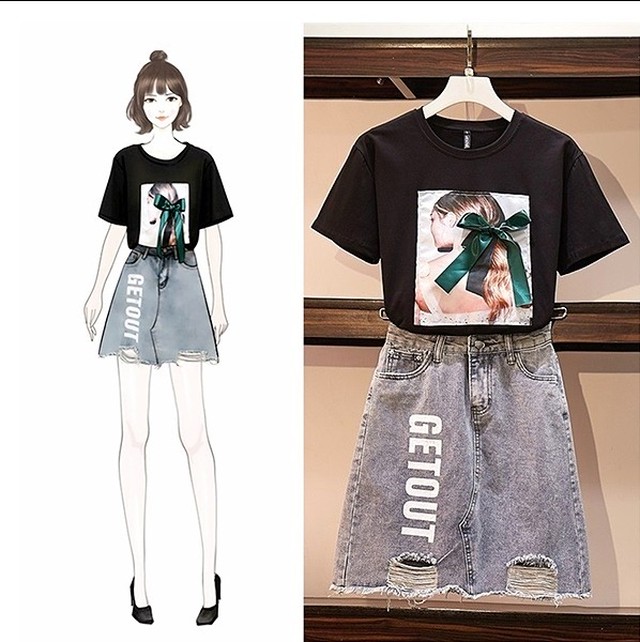 大きいサイズ レディース リボン付きtシャツ デニムスカート 上下セット セットアップ ダメージ 春夏 ブラック ホワイト S317 大きいサイズ 送料無料 レディース通販店 ｋｅｃｃｈi 静岡 Base売り場