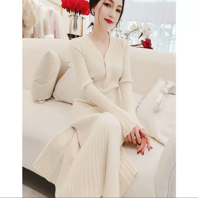 全2色 ロング丈 ニット ワンピース 長め タイト スリム 大人 キレイめ エレガント カジュアル お出かけ お買い物 デート 女子会 通学 通勤 秋冬 春 オフィス Like Fashion