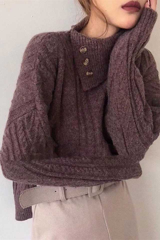 ニット トップス ボタン タートルネック 無地 長袖 大人可愛い ベージュ パープル ブラック 秋 冬 春 カジュアル お出かけ シンプル おしゃれ かわいい 韓国 韓国ファッション オルチャン オルチャンファッション P1184 Korean Select 韓国ファッション オルチャン