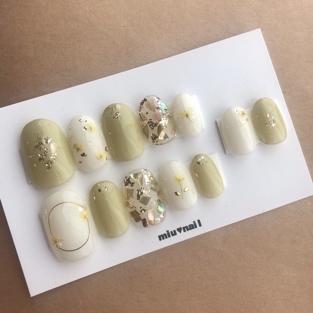 037 予備チップ付送料込 押し花ネイル 結婚式ネイル ブーケネイル ミモザネイル 春ネイル イエローネイル Miunail ネイルチップ