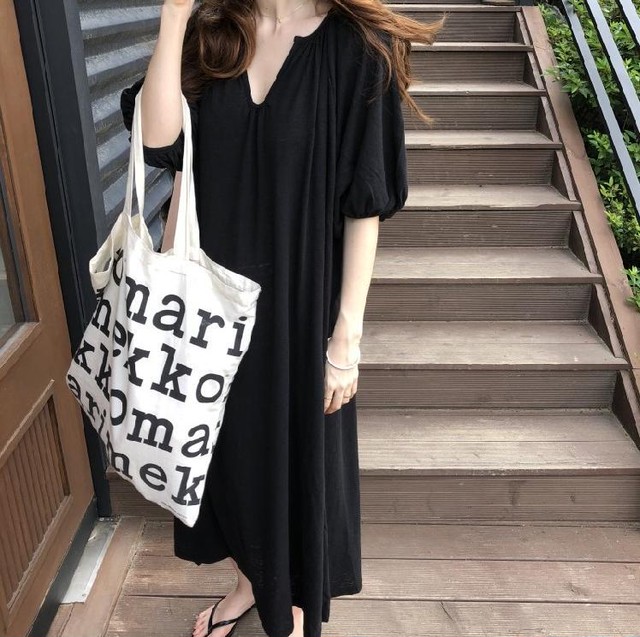 ワンピース 全2色 ワンピース ワンピ ゆったり 体型カバー 着瘦せ Vネック コットン シンプル 普段着 カジュアル 通勤 通学 Ol オフィス お出かけ Goldayahiro