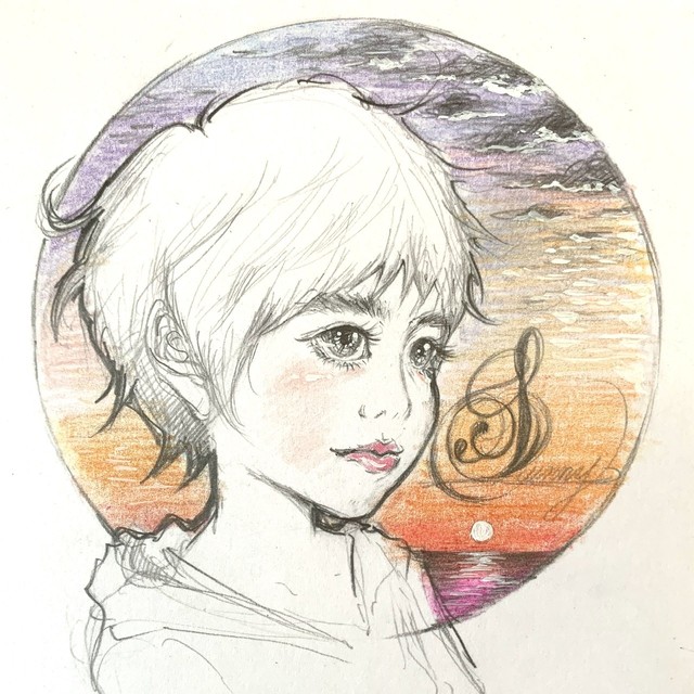 アイコンイラスト 夕焼けと似顔絵 鉛筆画b6サイズ Yoko Tanaka