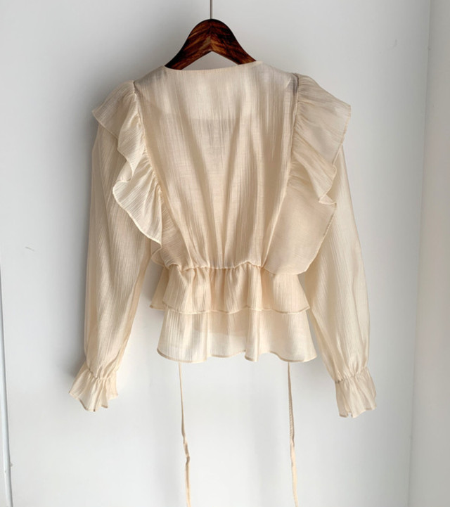 トップス ブラウス シャツ Vネック ペプラム 長袖 透け感 痩せ見え 春 夏 レディース Evergreen
