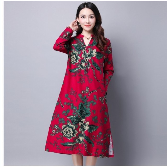 花柄 ロングワンピース 長袖 ワンピース レディース コットンリネン 大きいサイズ 花柄 秋ワンピース 着痩せ ロングワンピース 50代 秋 4 Basecamp49