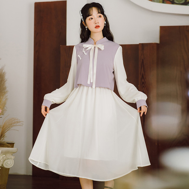 チャイナ風ワンピース シフォン 切り替え 長袖 可愛い チャイナ風服 中華服 改良型チャイナドレス オリジナル Beautycam