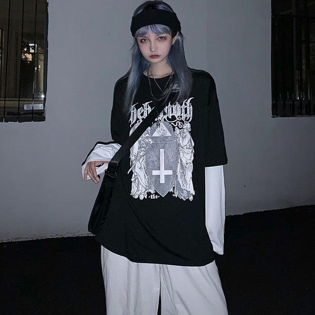 天使と悪魔 Tシャツ フェイクツーピース 逆さ十字 病み可愛い ゴスロリ Darkness 地雷系 原宿女子 ストリート系 韓国系 10代 代 天使と悪魔 サブカル系ファッション Seasonz