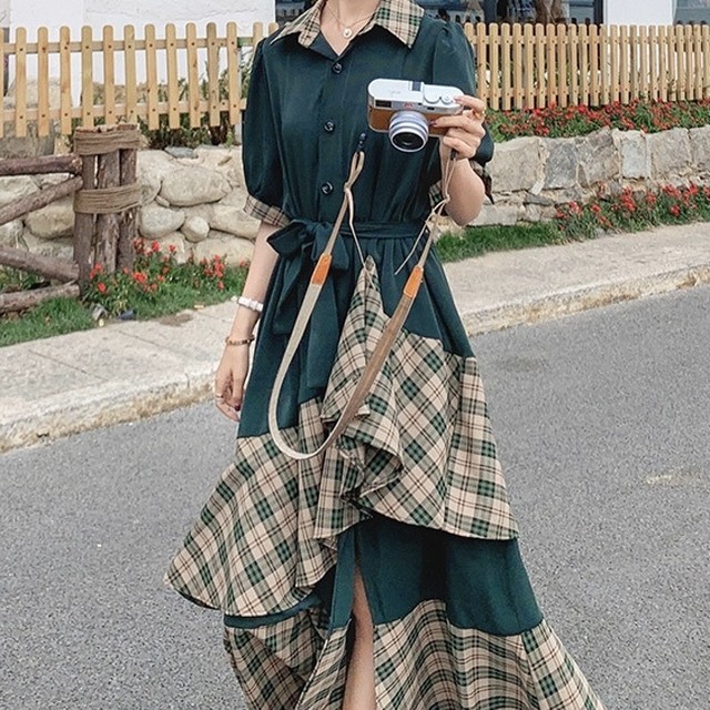 No 610 レディース シャツワンピース 2段フリル チェック 切替 アシメ おしゃれ 可愛い 韓国ファッション 韓国のプチプラレディース 子供服ショップ Sourire