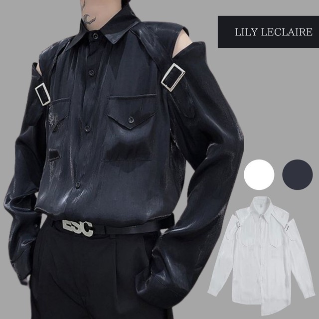 メンズ シャツ 長袖 黒 白 スチームパンク 服 肩出し トップス パンクロック V系 Lily Leclaire