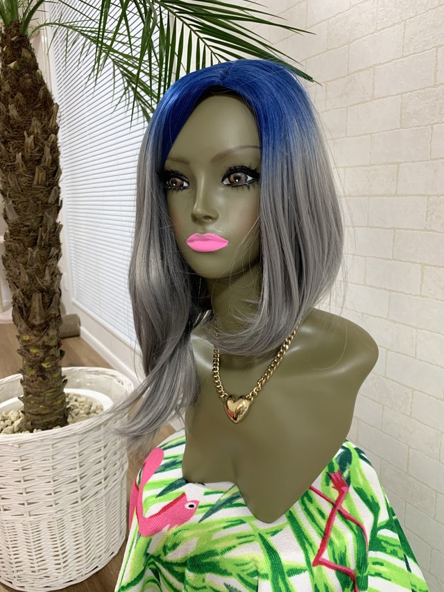 根元ブルー グレー 横分け ミディアムアシンメトリーウィッグ Pekopon Wig
