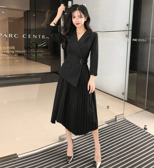 ワンピース スーツ風 フェイクレイヤード 長袖 ミモレ丈 プリーツスカート ウエストストラップ ウエストマーク スーツドレス ジャケット きれいめ 春 秋 Evergreen