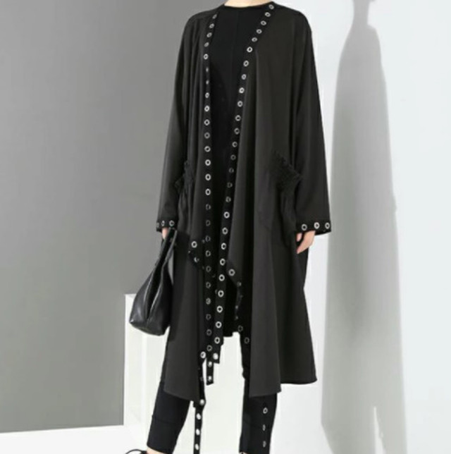 Top Mode リングデザイン ロングジャケット ロング丈 ブラック コーディガン ゴシック 羽織 ビジュアル系 メンズ レディース ユニセックス パンク ブラック 黒 Cool モダン 春夏 着痩せ効果 大人カジュアル かっこいい Les39 Top Mode