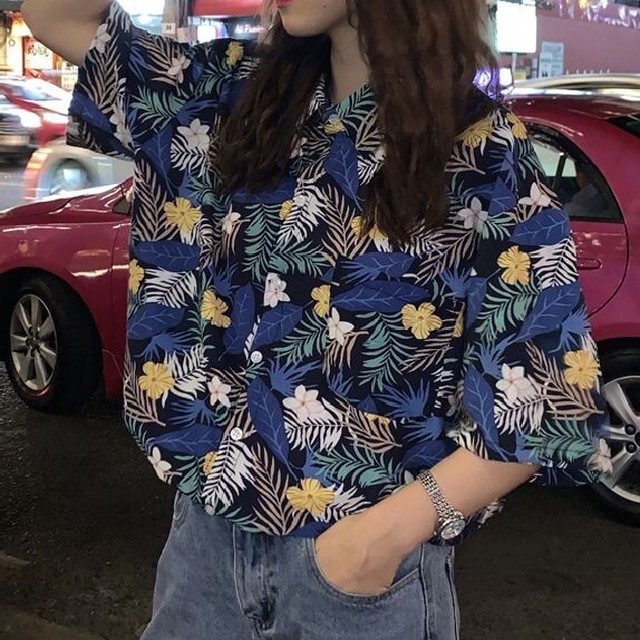 シャツ トップス アロハ 花柄 リーフ ボタニカル リーフ アロハシャツ 大きいサイズ お揃い 双子 コーデ A1243 Happinessshop ハピネスショップ レディース ファッション アイテム トレンド