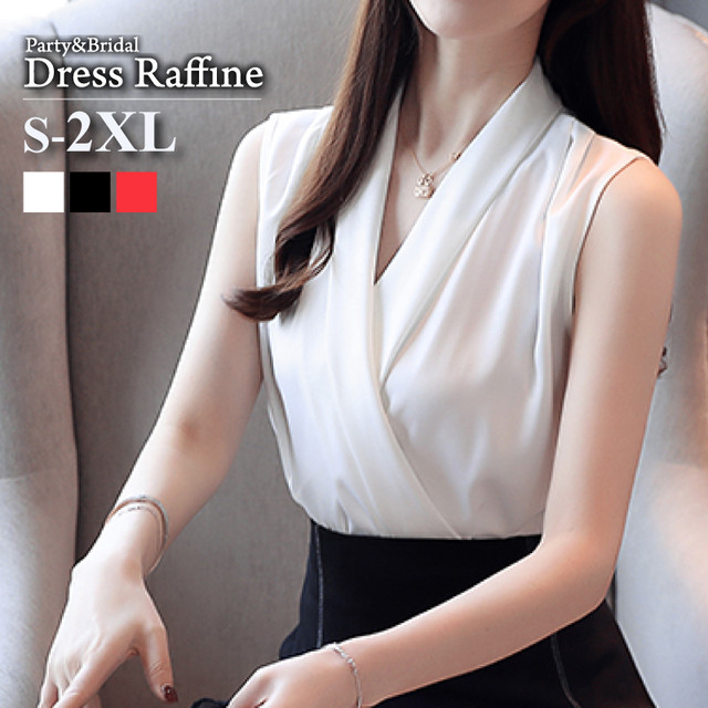 ノースリーブ シャツ ブラウス Vネック カシュクール レディース 袖なし トップス ホワイト 白 ブラック 黒 レッド 赤 夏 Tp0014 Raffine ラフィーネ ドレス ブラウス