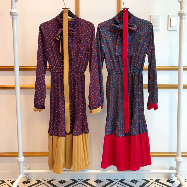 秋のレトロコーデに バイカラー ひざ丈ワンピース シフォンワンピース ガーリー フェミニン ガーリー リボンネクタイ 長袖 エレガント Ptnym18 Shop Suba