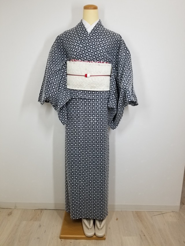 レース木綿着物 単衣 ブルーグレーｘ白レース わらびるりあん