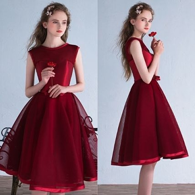 ウエストマーク 膝丈 パーティードレス サテン 赤青 結婚式 衣装 Bianka