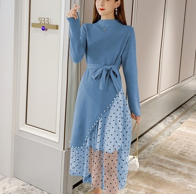 ニットドレス ニットアップ ニットワンピース ウエストリボン レーススカート ドット柄 セットアップ ニットワンピース 冬 ニットワンピース セットアップ フェミニン ガーリー 結婚式 二次会 パーティー お呼ばれ デート 韓国 オルチャン 韓国ファッション 新作 秋冬 秋