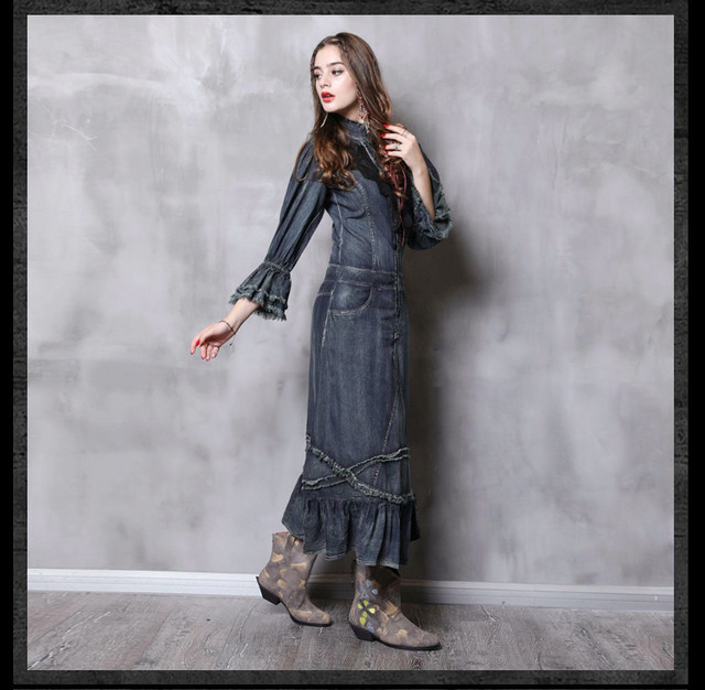 レトロ レディース ワンピース 裾フリル ロングデニムワンピース 七分袖 レース 透かし編み 切りっぱなし ダメージ ローウエスト Rmd51 Top Mode