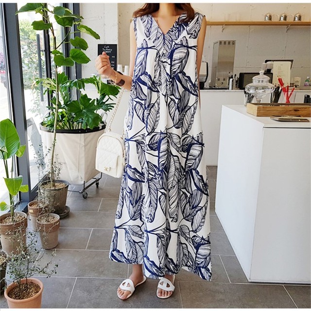 リーフ柄 マキシ丈 ワンピース ノースリーブ Vネック リネン カジュアル Aライン ゆったり 夏 リゾート ラフ Aya2462 Girl Top