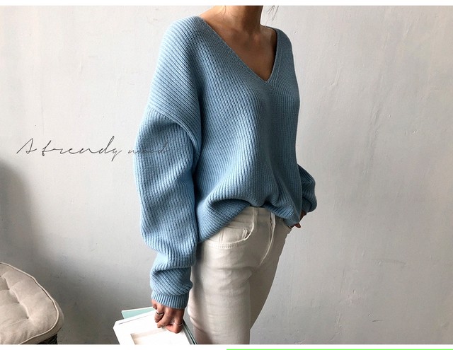人気 胸元 セクシー Vネック ニット レディース トップス 長袖 セーター シンプル リブ 秋 ゆったり カジュアル Rw000 レディース 韓国ファッション 直輸入通販 セクシーワンピース クールカジュアル 全品送料無料 Ukky Franky