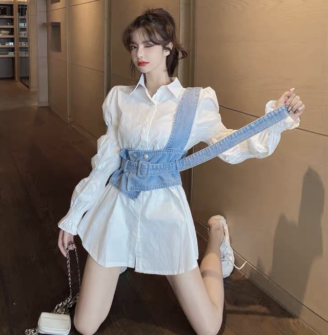 0 レディースファッション シャツ ブラウス デニムベスト シャツワンピース 春コーデ 新作 2点セット More Lluze モア ルーゼ