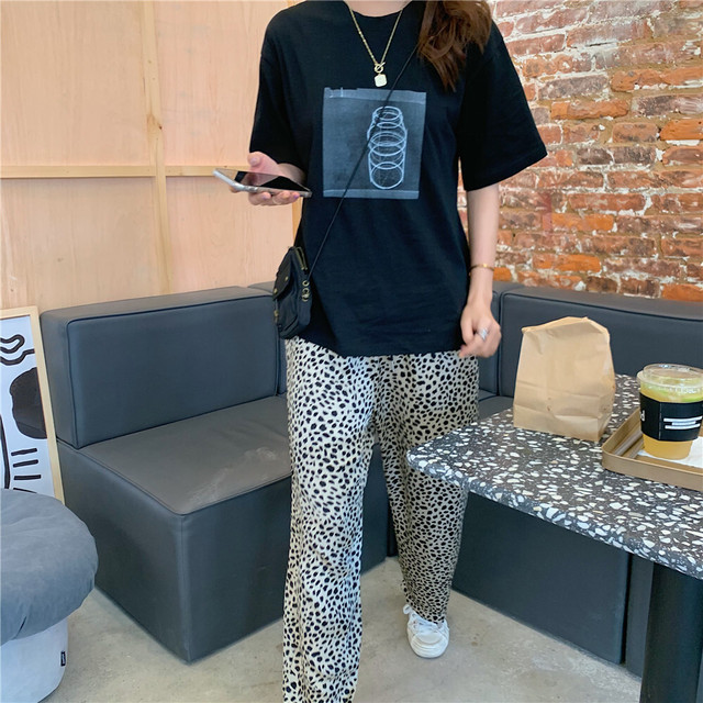 トレンド感たっぷり テロテロ素材 アニマル柄 パンツ レオパード柄 10分丈 ウエストゴム ワイドパンツ ベーシック レディース メンズライク ストレートパンツ ヒョウ柄 韓国レディース キッズファッション Londonbridge ロンドンブリッジ