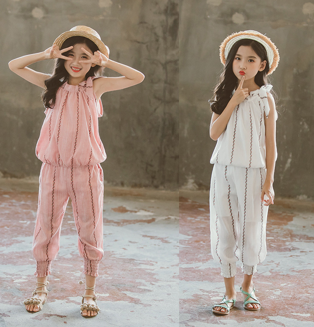 ノースリーブ ネックリボンブラウス ジョガーパンツ ストライプ 女の子 幼児 夏 Mini Many Kids 海外輸入 キッズ ベビー服