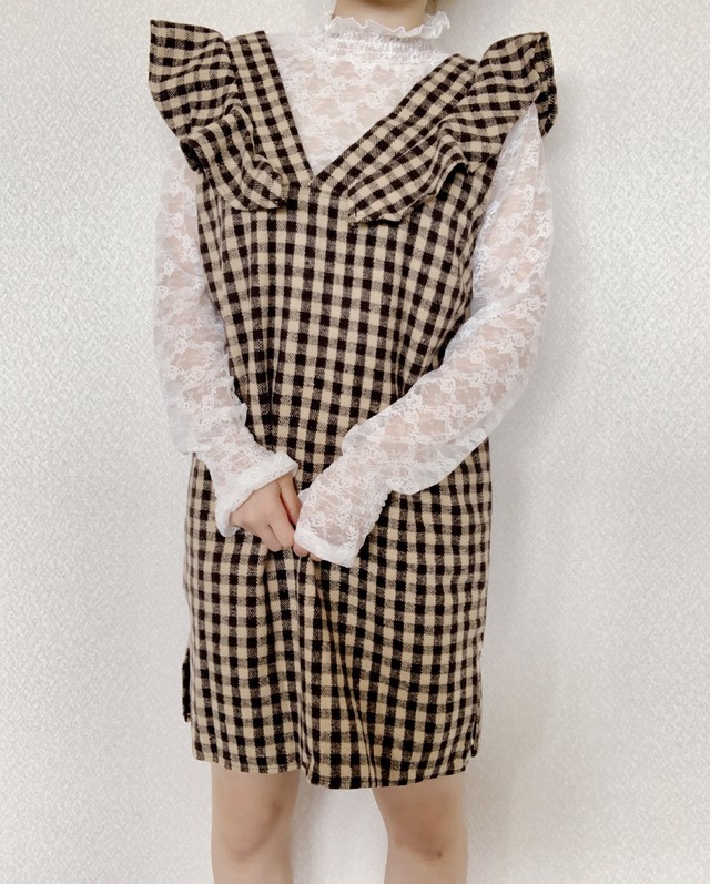チェックフリルワンピース 【check frill one-piece】