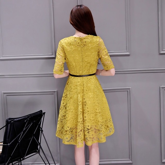 ワンピース フレア 総レース 透け感 膝丈 膝下丈 ミディ丈 Uネック 五分袖 イエロー ブラック グレー パープル ピンク エレガント フェミニン ベルト付き D0073 a Style