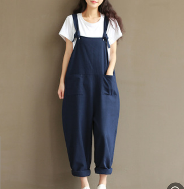 Xxl ダークブルー サロペット レディース オールインワン オーバーオール ポケット付 ワイドサロンペット カジュアル リラックス おしゃれ オールシーズン 体型カバー 無地 Beybery