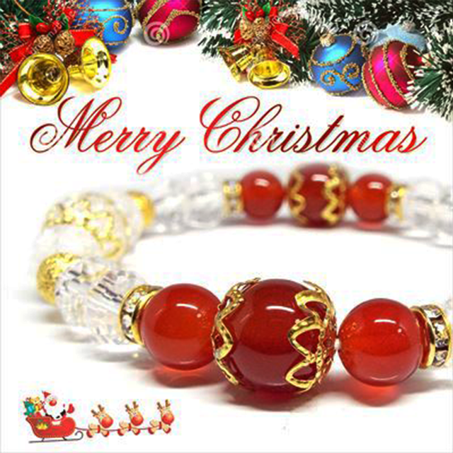 【Happy Xmas♪】天然石カーネリアン&クラック水晶 クリスマスデザインブレスレット(10mm)★