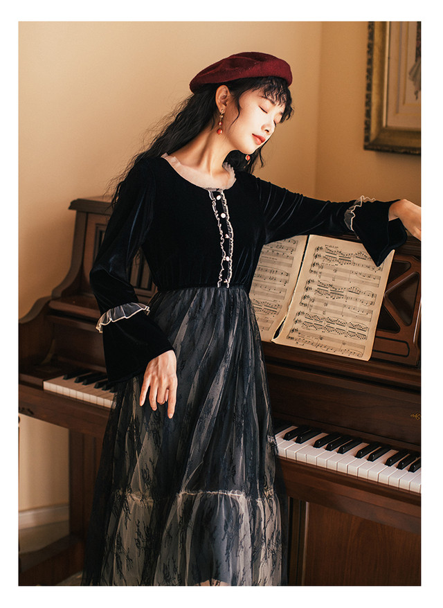 ワンピース 冬 秋 ロング 長袖 ロングワンピース 秋冬 冬 長袖 ベロア ワンピース 英国風 かっこいいワンピース 可愛い ワンピース ベルベット ベロア レディース Rgwp 037 ふくふくの木