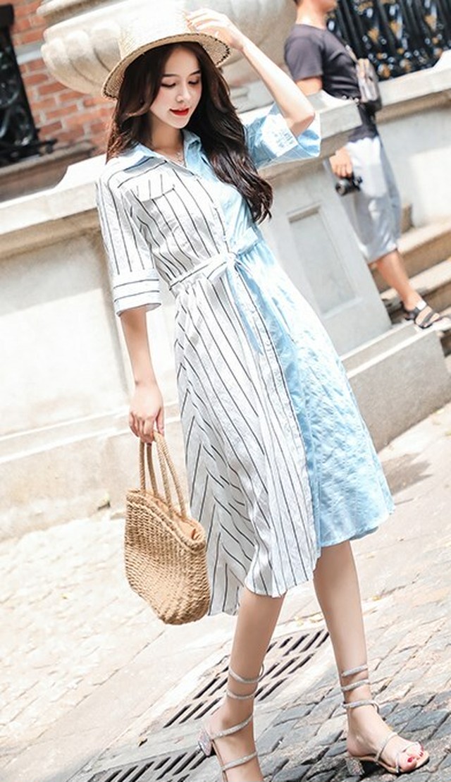 シャツワンピース ワンピース 春夏 ストライプ 異素材ミックス アシンメトリー バイカラー 五分袖 Ab1267 Valentina210