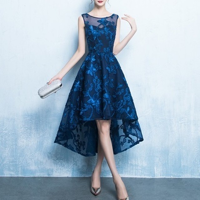 フィッシュテール スカート 立体モチーフ ドレス 藍色 パーティー 結婚式 Reflet