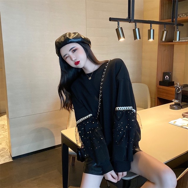 袖レースデザイン裏起毛スウェット トレーナー レディース 韓国 おしゃれ コーデ 大人 秋冬 大きいサイズ おすすめ 大きめ オーバーサイズ かわいい 海外 安い 着こなし きれいめ 冬 春 シンプル クルーネック 通販 通勤 長袖 人気 ゆったり 黒 袖フリル 袖フリル 2707