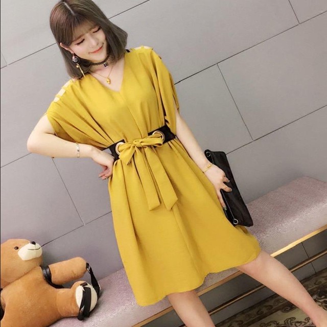 ドルマン ワンピース リボン 膝丈 半袖 オフィスカジュアル 黄色 イエロー 黒 ブラック 無地 デート おしゃれ 韓国ワンピ 大きいサイズ 韓国 韓国ファッション オルチャン オルチャンファッション K316 Korean Select 韓国ファッション オルチャンファッション