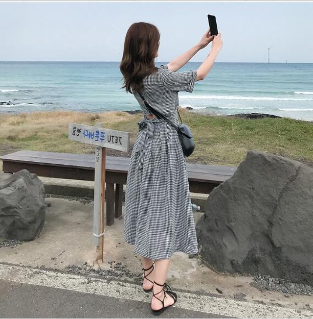 即納 フェミニン 背中あき ギンガムチェック ワンピース Fashion