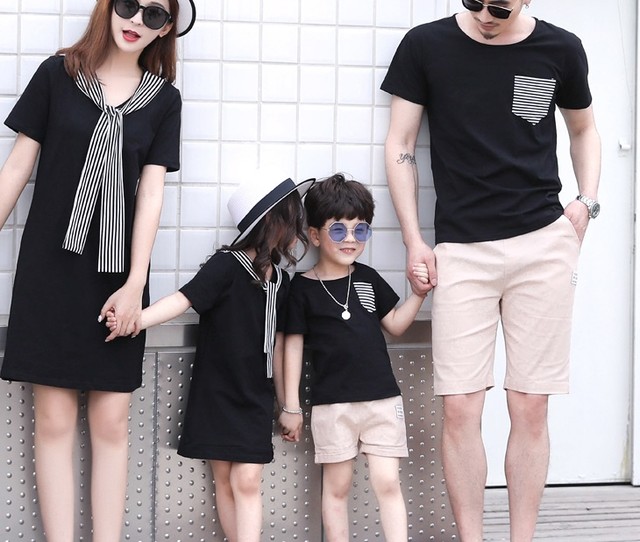 キッズ 親子コーデ 親子ペアルック リンクコーデ ママとお揃い スカーフ デザイン 半袖 Tシャツ ワンピース ストライプ ブラック 膝丈 カジュアル パンツ 無地 Mamatoissyo