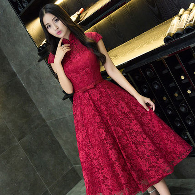 半袖フレアパーティードレス ワンピース 赤 レース 発表会演奏会 Bianka