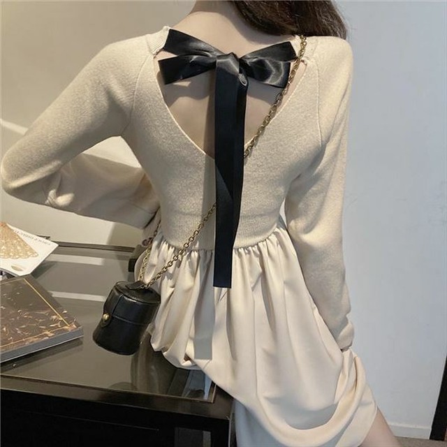 オープンバック Vネック ニット ワンピース リボン 長袖 ニットワンピ 背中開き 背中見せ もこもこ ふわふわ ひざ下丈 セクシー 春 秋 冬 レディース デート 10代 代 30代 40代 Laff Store 会社情報 納期の確認をお願いします