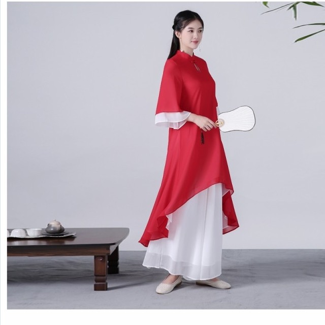 チャイナドレス風 ワンピース チャイナドレス風ワンピース ガウチョパンツ 2点セット レディース シフォン ロング丈 中国風 きれいめ Basecamp49