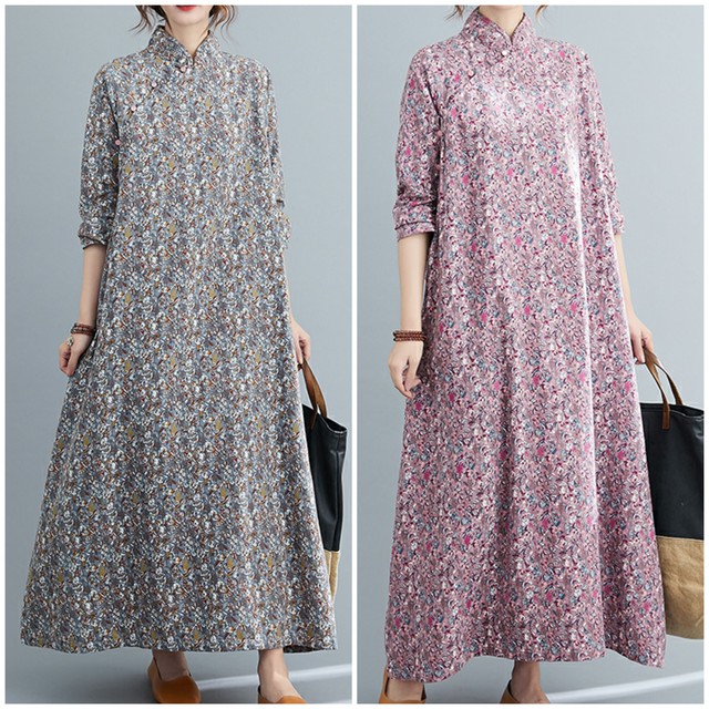 ワンピース レディース チャイナカラー スタンドカラー 花柄 ボタニカル柄 レトロ ロング丈 マキシ丈 アンクル丈 フレア Aライン 長袖 Adono アドゥーノ