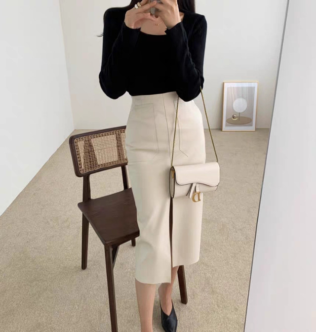 〈カフェシリーズ〉エコレザーのタイトスカート【eco leather tight skirt】