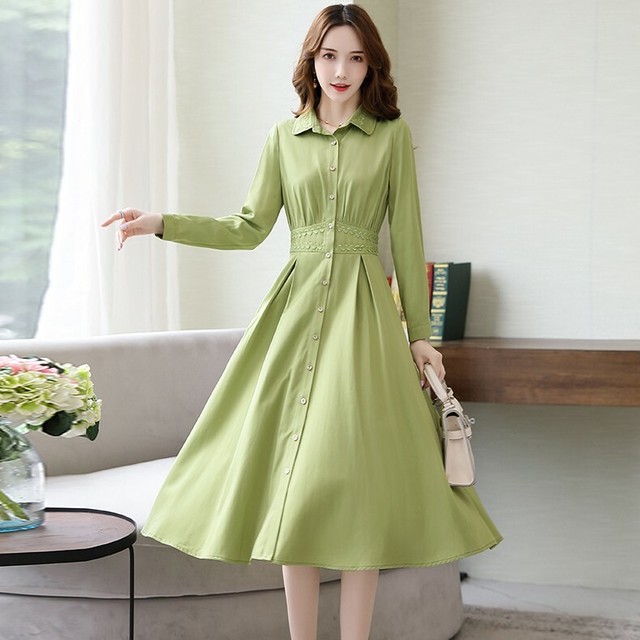 ワンピース 秋 長袖 ミモレ丈 ギャザースカート Aライン シャツワンピース ゆったり お出かけ 通勤 シンプル Quadrifolie クローバー