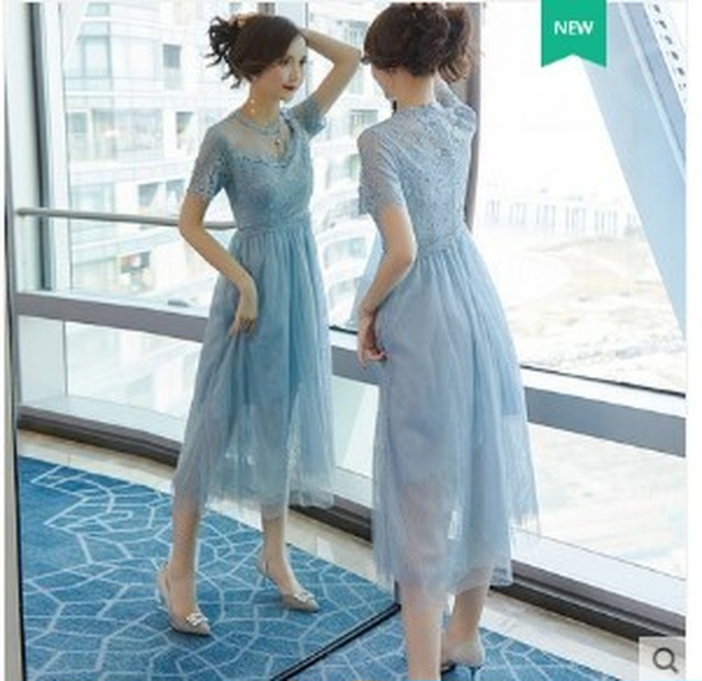 カラードレス 青 ブルー レース Aライン スレンダーライン ミディアムドレス Ynswedding23