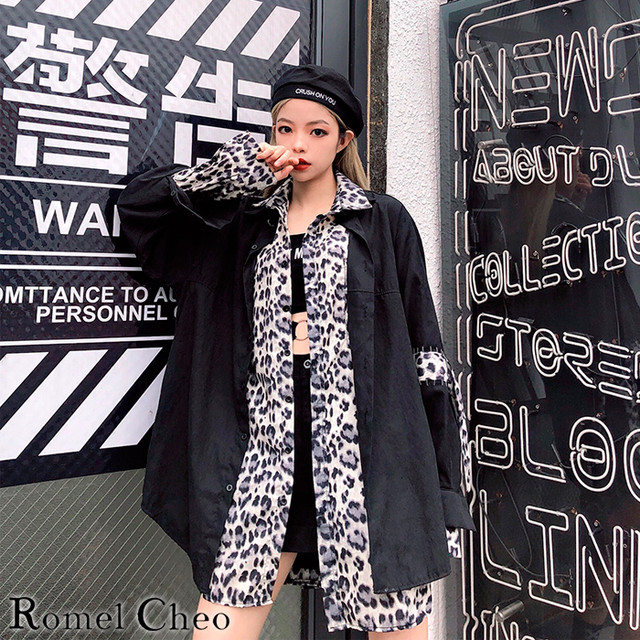 お支払い確認後日以内発送 Romelcheo レオパード レイヤード風 シャツジャケット 豹柄 重ね着風 レディース チュニック 袖リボン アニマル柄 クール パンク モード系 きれいめ カジュアル ファッション ロメルチェオ Romelcheo