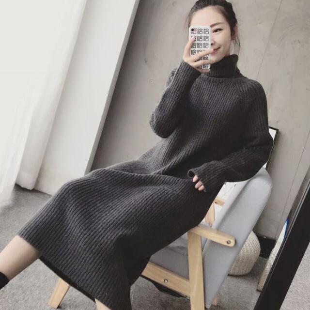 ワンピース ニット ワンピ 長袖 無地 きれいめ ハイネック ロング ひざ下 大きいサイズ 秋 冬 A1061 Happinessshop ハピネスショップ レディース ファッション アイテム トレンド