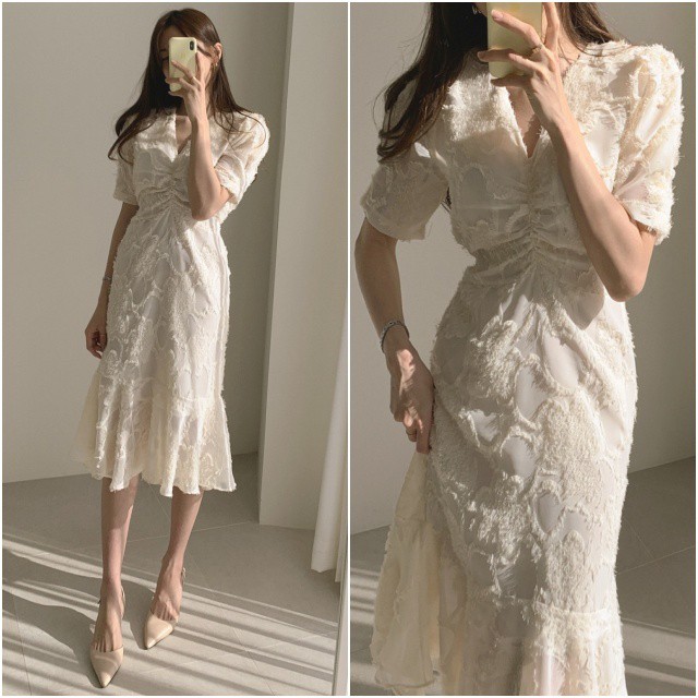 送料無料 2色 フリンジレースワンピース 半袖ワンピース ミモレ丈ワンピース ハイウエスト 脚長効果 ベルト リボン ウエストマーク Vネック 深vネック 裾フレア 裾フリル フィットフレア スリム マーメイドライン マーメイドシルエット オケージョンワンピース