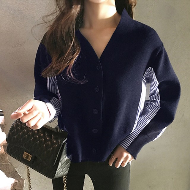 異素材 ニット カーディガン Vネック ブラウス レディース おしゃれ 切り替え トップス ストライプ柄 長袖 モダン デザイン シャツ Infini Arc En Ciel