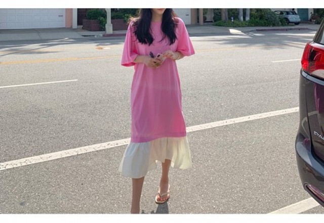 バイカラーロングワンピース ネオンカラー 裾フリル 半袖 Tシャツワンピ カジュアルスタイル ゆったりサイズ 春夏 韓国ファッション K031 Shopmall To You